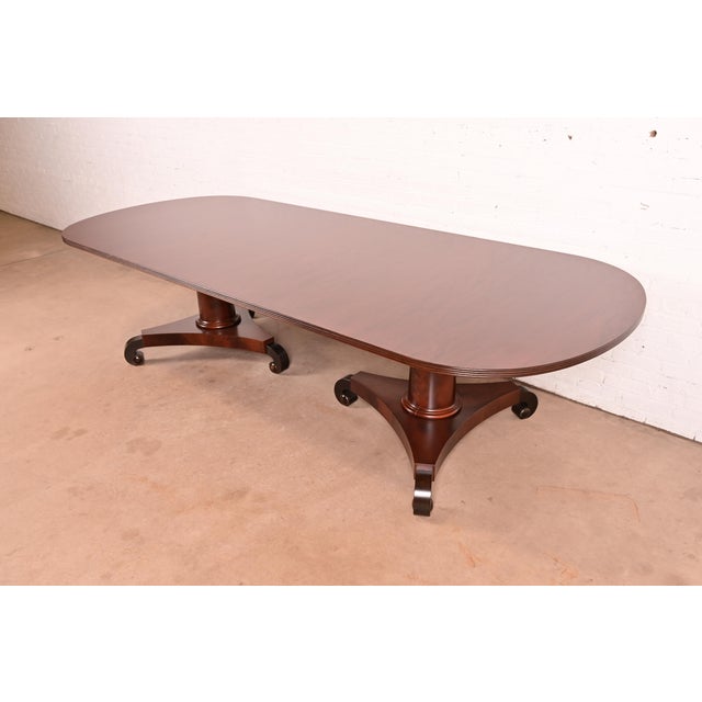 Neoclassical John Widdicomb Style Empire Mahogany Double Pedestal Dining Table, Newly Refinished For Sale - Image 3 of 10
