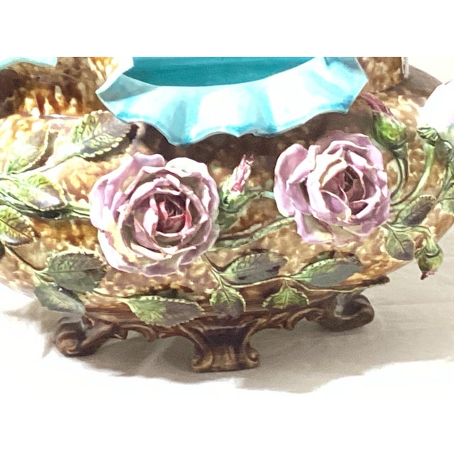 Antique French Barbotine Majolica Rose Basket Centerpiece Planter For Sale - Image 11 of 12