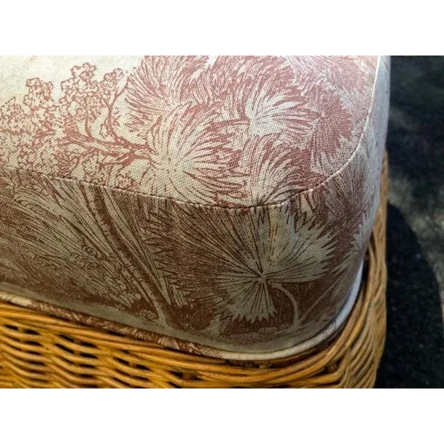 Woven Wicker Ottoman Chinoiserie Toile Upholstery For Sale - Image 4 of 5