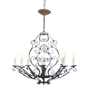 Vintage French Wrought Iron Eight-Light Chandelier with Scrollwork Motifs, USA Wired