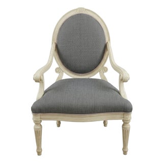 Oversized French Louis XVI Style Distressed Off-White & Slate Blue Upholstered Armchair For Sale