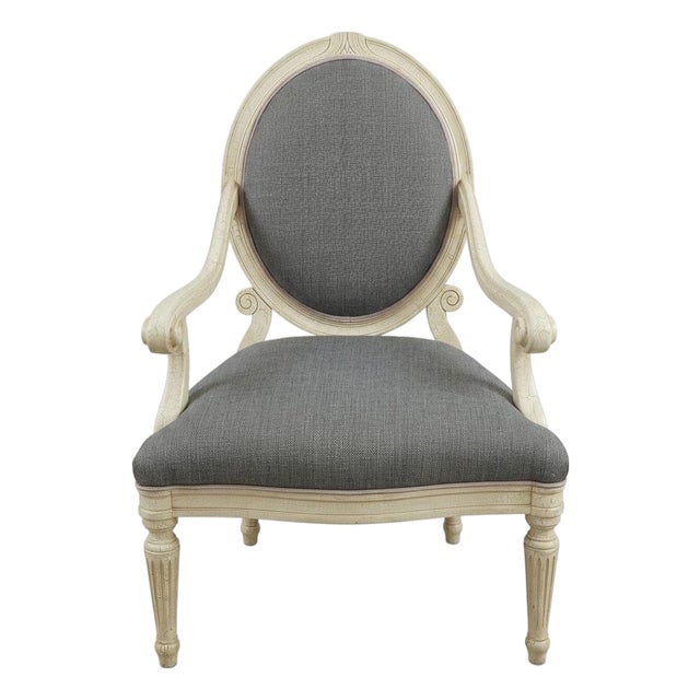 Oversized French Louis XVI Style Distressed Off-White & Slate Blue Upholstered Armchair For Sale