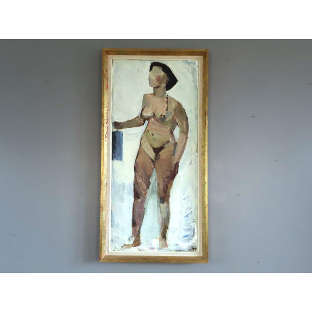 NUDE IN SOFT LIGHT Size: 32.7 x 16.3 inches (including frame) Oil on board A brilliantly executed expressive mid-century...