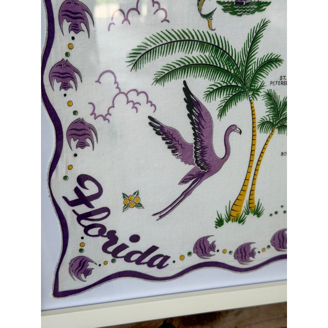 Vintage Florida State Map Handkerchief Framed– Coastal Flamingo Motif For Sale - Image 4 of 12