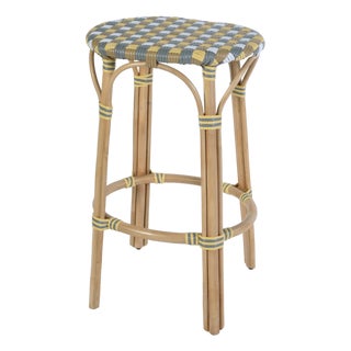 Ballito 30 in. Seat Height Oval Rattan Bar Stool with Footrest, French White, Yellow & Brown For Sale