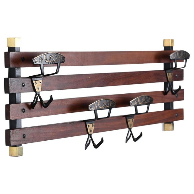 Italian Coat Rack in Teak, Brass and Black Enameled Iron, Italy, 1960s For Sale - Image 17 of 17