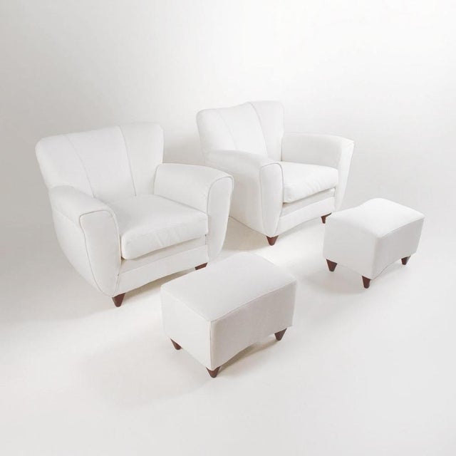 1940s Set of Italian Armchair and Ottoman in White Fabric, Italy, 1940s For Sale - Image 5 of 17