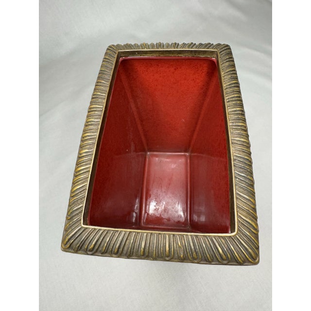 French Provincial Ceramic Solid Brass Bow Red Jardiniere For Sale In Houston - Image 6 of 11