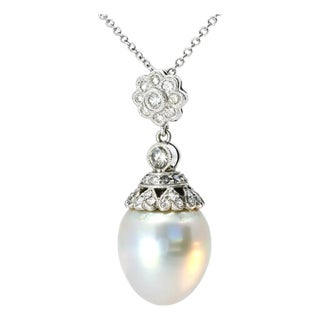 1970s 18K White Gold Filigree Cultured Pearl Diamond Pendant Slide For Sale