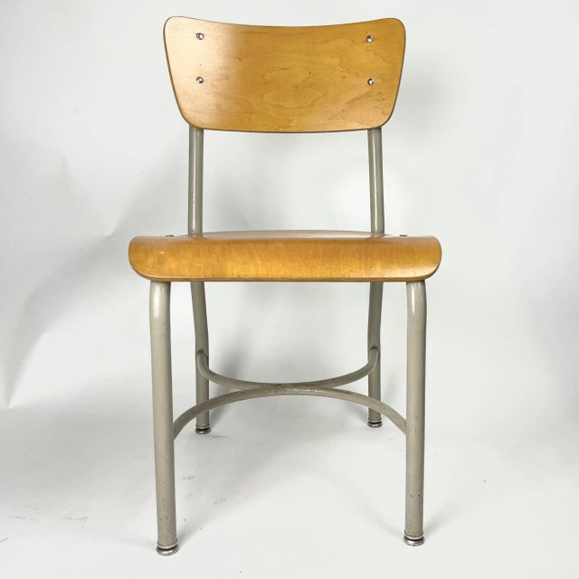 Charlotte Perriand Mid 20th Century French Style Grey & Birch Plywood School or Cafe Chairs Many Available For Sale - Image 4 of 8