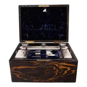 Antique English Coromandel Traveling Vanity Dressing Box With Silver Plate Contents