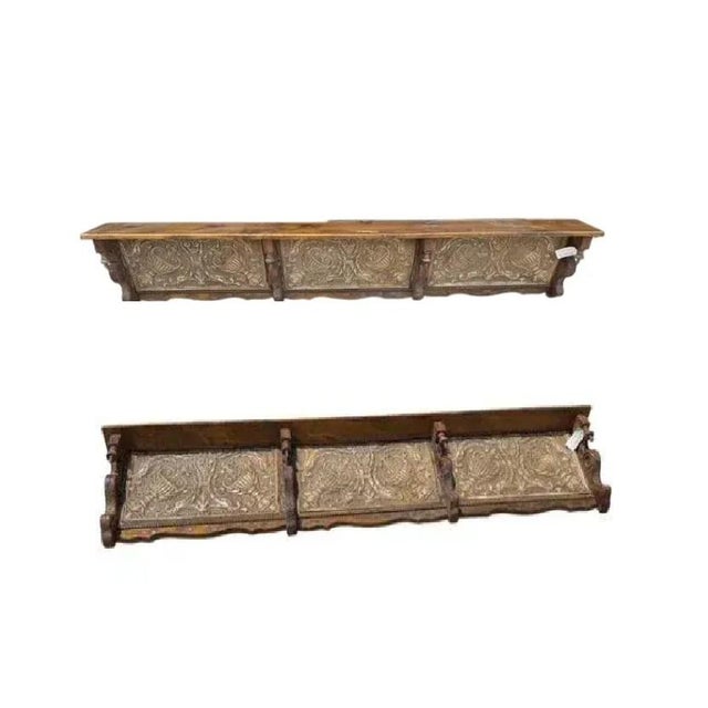Pair of Vintage 79" Long/Wide Distressed Wood & Pressed Tin Architectural Wall Shelves For Sale - Image 14 of 15