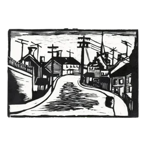 1960s Village Scene Woodblock Print