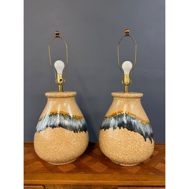 1970s Sunset Cosco Drip Glaze Ceramic Table Lamps in Earth Tones - a Pair For Sale - Image 12 of 13