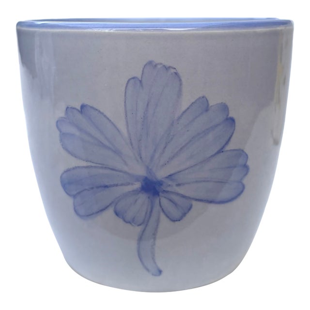 Late 20th Century Portuguese Folk Art Salt Glazed Stoneware Cachepot With a Cobalt Blue Flower by New England Pottery For Sale