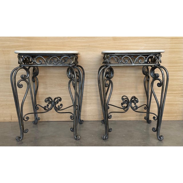 Early 20th Century Pair of Neoclassical Style Patinated Forged Iron Planter Stands with marble top For Sale - Image 17 of 18