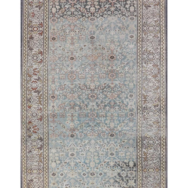 Traditional Antique Persian Malayer Gallery Rug With Light Blue Abrash Field Design For Sale - Image 3 of 13