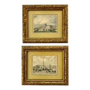 Pair of Antique 19th Century Hand-Tinted Parisian Prints Engravings in Giltwood Frames