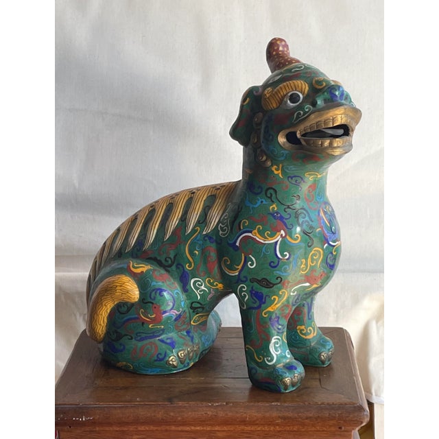 Blue 1960s Large Chinese Cloisonne Enamel Foo Dog & Ornate Wood Table For Sale - Image 8 of 9