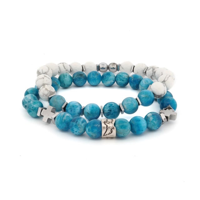 Gemstone Freedom Spirit Blue Apatite & Howlite Bracelet Set For Sale - Image 7 of 7
