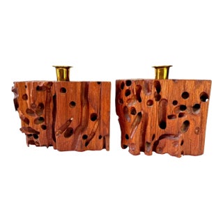 Mid-Century Organic Modern Insect-Eaten Wood Candleholders, Brass Cups, Pair For Sale