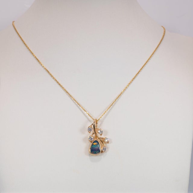 Boulder Opal Pendant With Earth-Mined Diamond Accents in Solid 14k Gold, 8x3mm For Sale - Image 4 of 7