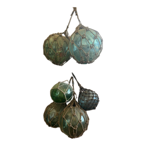 Antique Japanese Glass Fishing Floats – Hand‑Blown Green Glass With Rope Netting