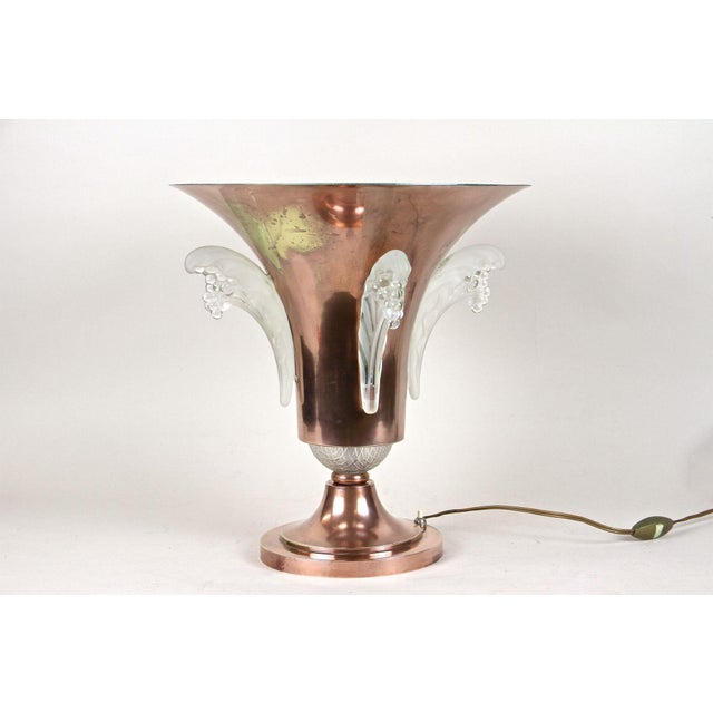 Art Deco Copper Table Lamp with Lalique Glass Elements, France, 1920s For Sale - Image 6 of 18