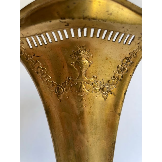 Victorian Antique Art Nouveau Gilt Metal Trumpet Altar Vase With Floral Relief For Sale - Image 3 of 14