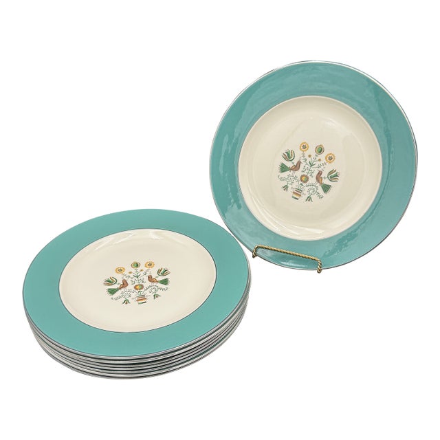 Vintage Homer Laughlin Dinner Plates Persian Garden Cavalier Eggshell Platinum - Set of 5 For Sale