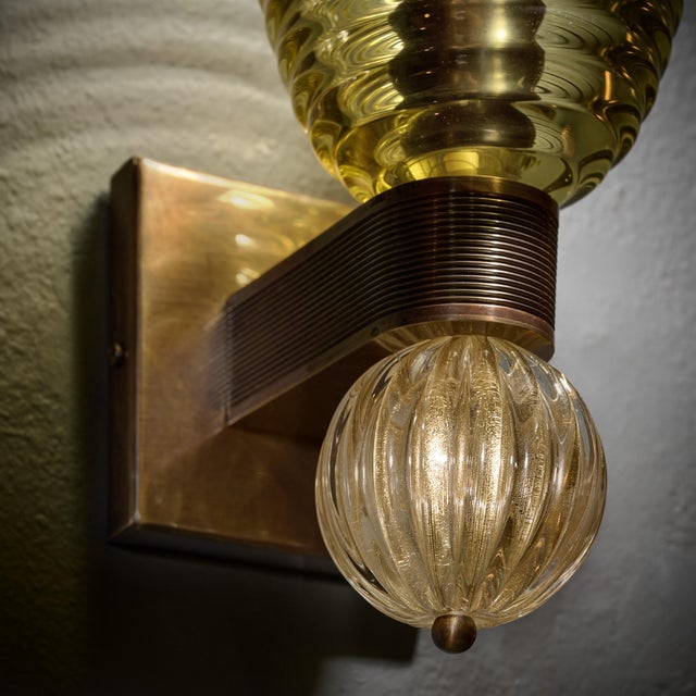 Murano Olive Green Glass and 24 Carat Gold Avventurine Sconces - a Pair For Sale - Image 10 of 10