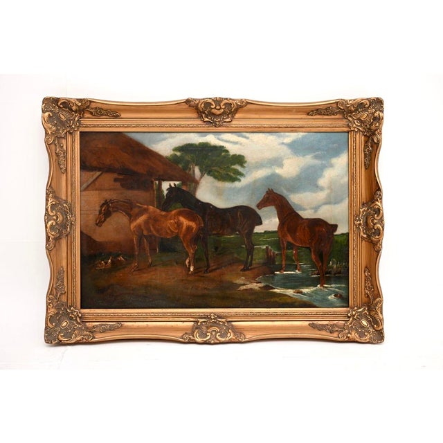 A charming antique Georgian period oil painting of horses. This is English, we would date it from around the 1790-1810...