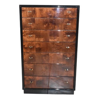 Henredon Scene Three Black Lacquer & Burl Walnut 7 Drawer Tall Chest For Sale