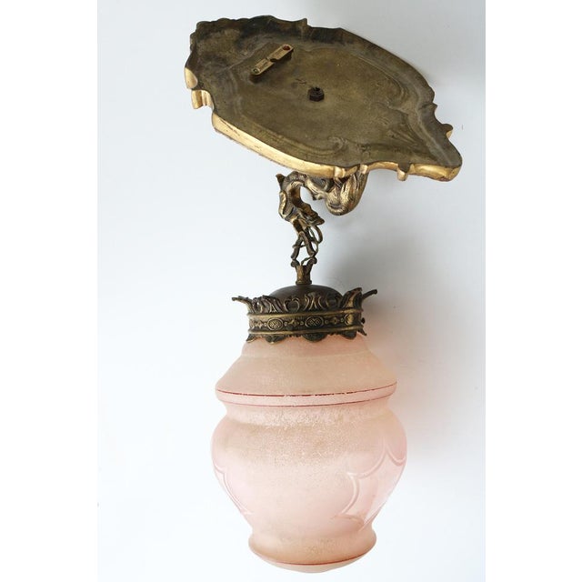 Antique Gothic Revival Bronze Dragon or Griffin Wall Sconce with Pink Glass Shade, Early 20th Century For Sale - Image 10 of 16