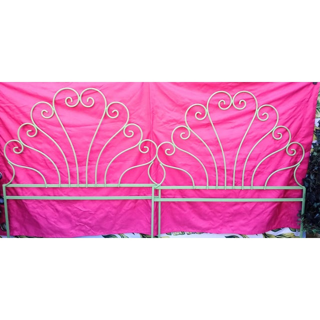 A fabulous pair of bright green iron vintage scroll twin size headboards. The headboards came to me painted in this bright...