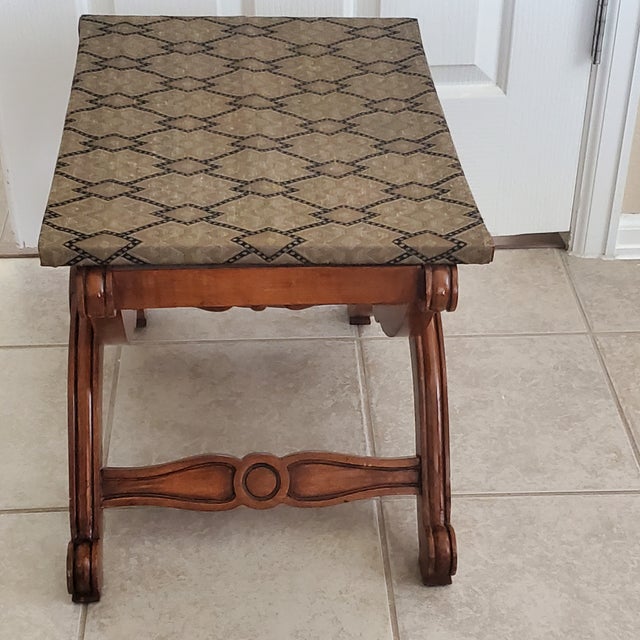Late 20th Century Curule Style Carved Wood Stool Collapsible X Base Fabric Seat For Sale - Image 10 of 10