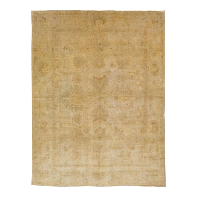 1960s Vintage Turkish Oushak Handmade Floral Beige Wool Rug For Sale