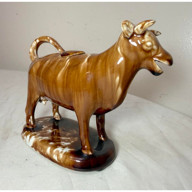 19th Century Rare Early Antique Staffordshire Pottery Brown Drip Glaze Cow Creamer Sculpture For Sale - Image 11 of 17