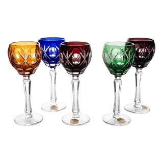 Bohemian Cased and Cut-to-Clear Crystal Wine Glasses, 1960s, Set of 5 For Sale