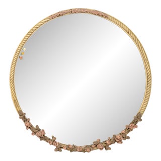 Floral Motif Painted Carved Wood Circular Mirror For Sale