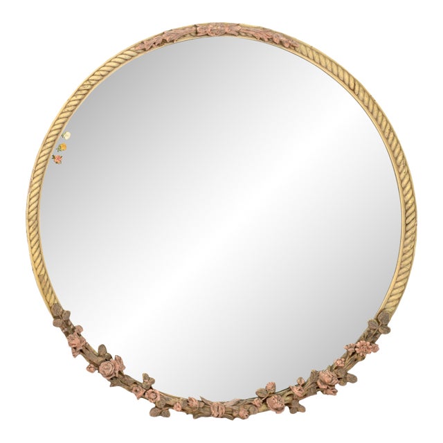 Floral Motif Painted Carved Wood Circular Mirror For Sale