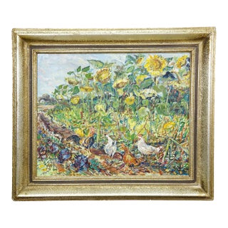 Sunflower Field With Chickens – Original Oil Painting by Alexander Michael, 1990 For Sale