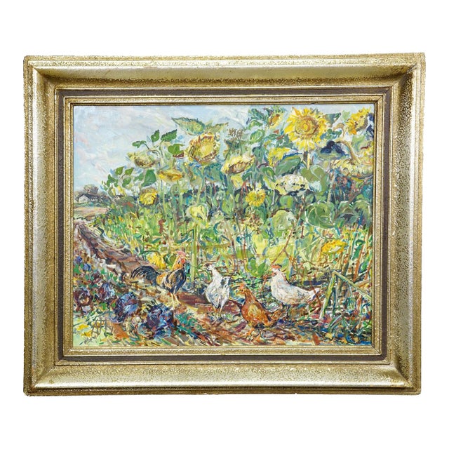 Sunflower Field With Chickens – Original Oil Painting by Alexander Michael, 1990 For Sale