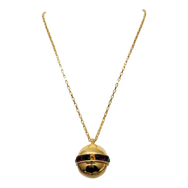 Vintage 1990s Signed Napier Goldtone Multicolor Rhinestone Spherical Pendant Necklace For Sale
