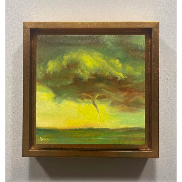 Funnel I depicts a swirling funnel cloud emerging from a vibrant landscape, infused with hues of green and gold. The...