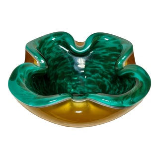 Mid 20th Century Emerald Green & Yellow Murano Attributed Glass Dish/Ashtray For Sale