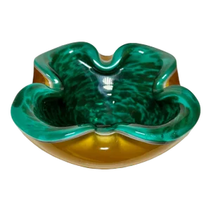 Mid 20th Century Emerald Green & Yellow Murano Attributed Glass Dish/Ashtray