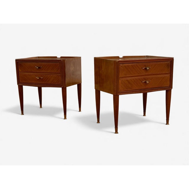 Mid-Century Modern 1950s Italian Modern, Stained Wood, Brass, Glass, Nightstands, Italy, A Pair For Sale - Image 3 of 13