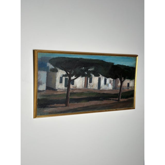 Original Oil on Canvas – “Trees and Houses, Tunisia” by Helge Jean Ragnar – Vintage & Framed – 48.5 × 92.5 cm (19.1" ×...