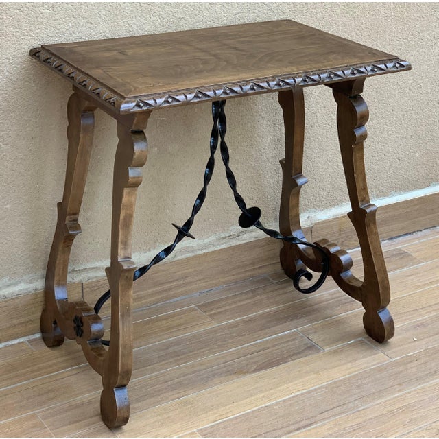19th Century Spanish Side Table With Hand Carved Lyre Leg and Iron Stretcher For Sale - Image 11 of 11